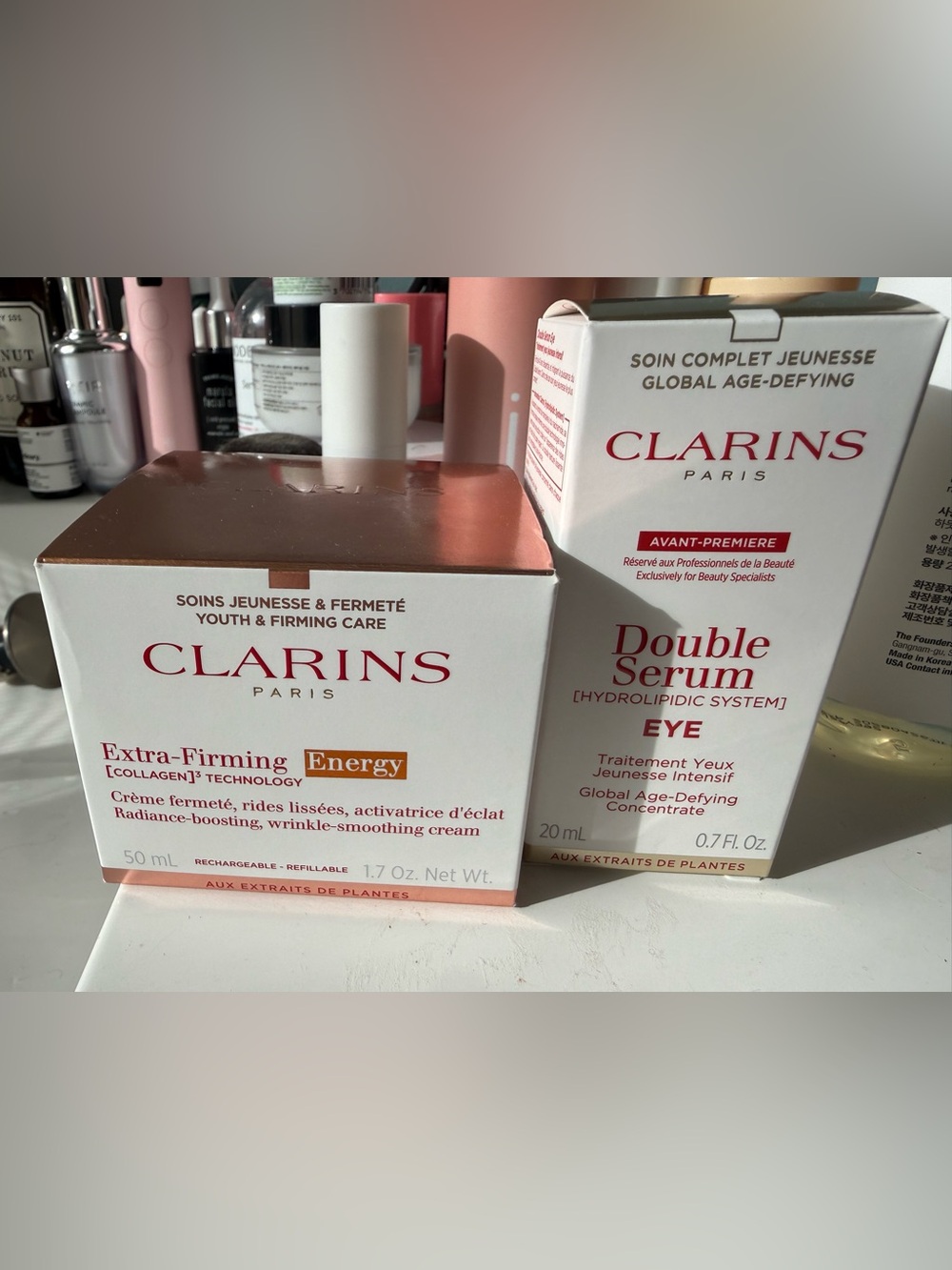 NWOT Clarins Skincare Set - Extra Firm Energy Cream 50mL + Double Serum Eye 20mL